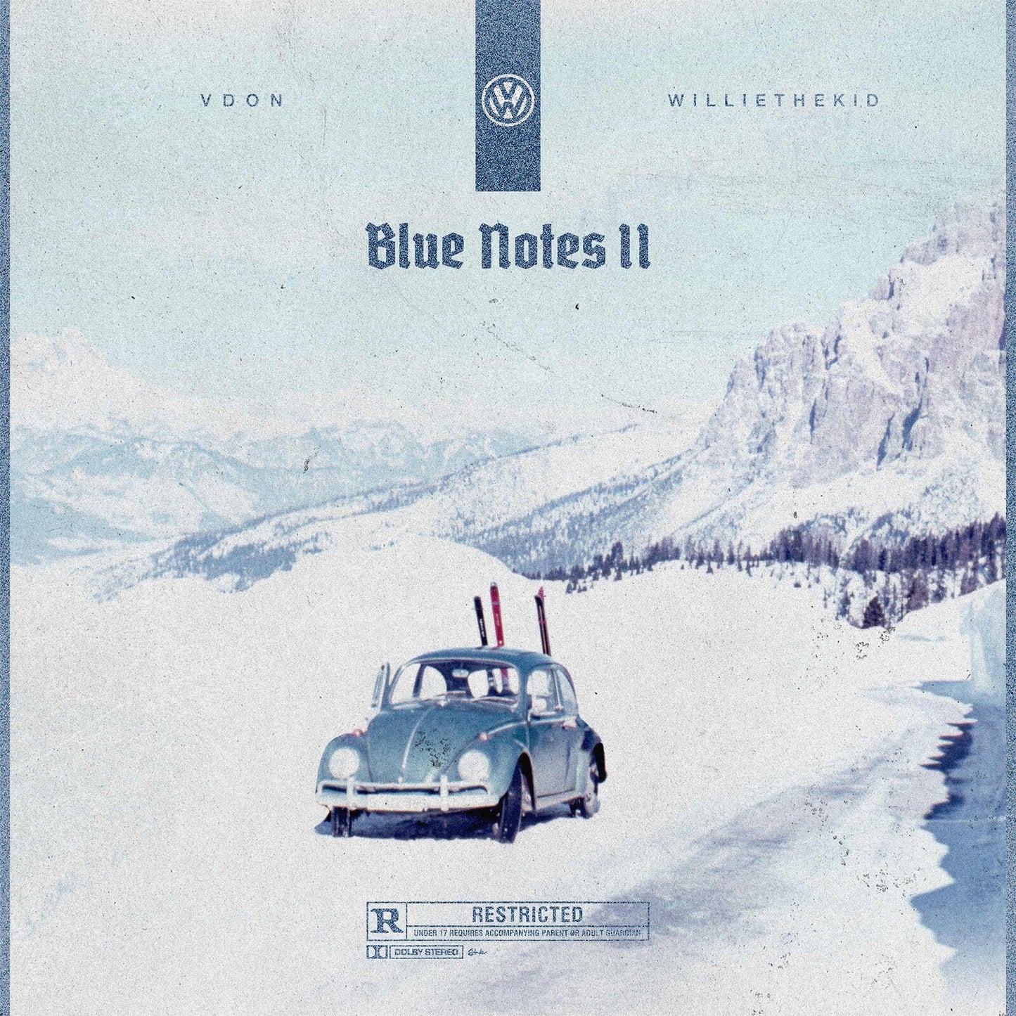 Vinyl album cover: snowy mountains with a vintage Volkswagen Beetle.
