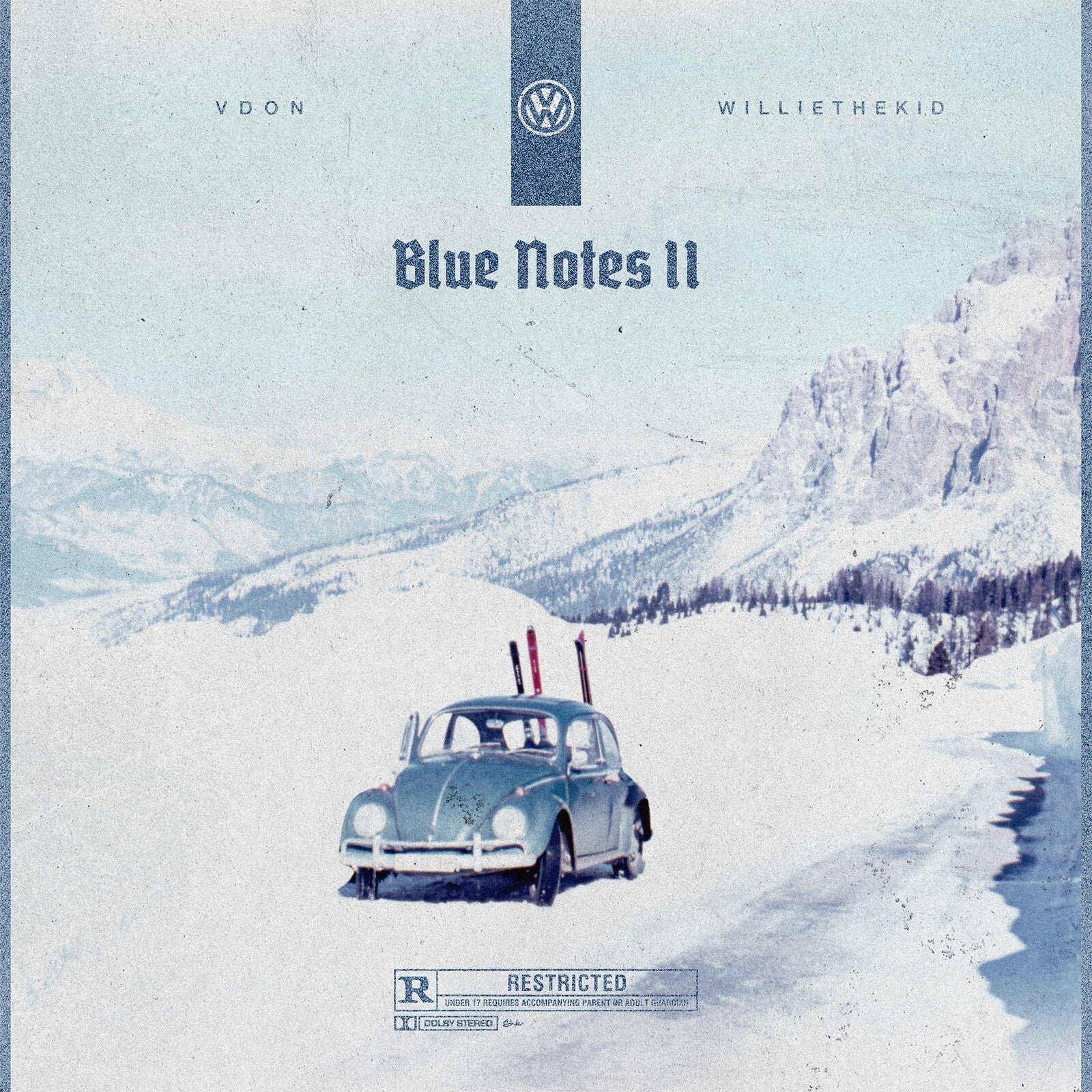 Vinyl album cover: snowy mountains with a vintage Volkswagen Beetle.