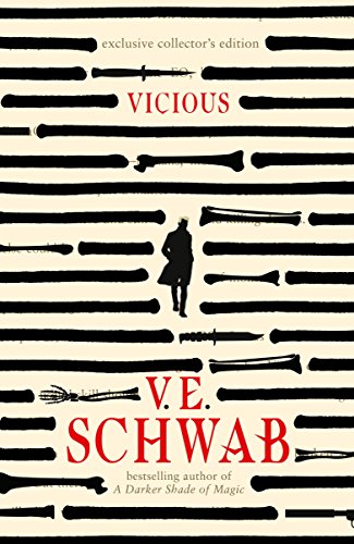 Book cover: "Vicious" by V.E. Schwab, featuring bones and a silhouetted figure.