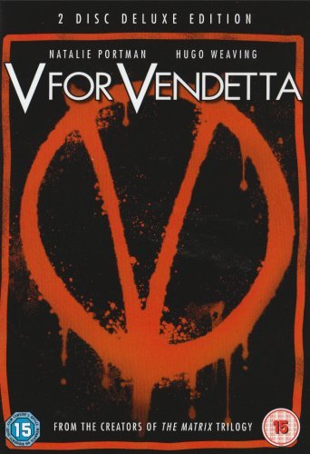 V For Vendetta" DVD cover with a large, orange "V" symbol and cast names.