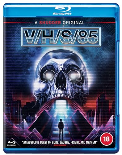 V/H/S/85" Blu-ray case featuring a skull and neon cityscape.