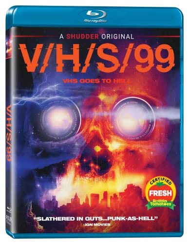 V/h/s 99" Blu-ray cover featuring a demonic skull and VHS tapes.