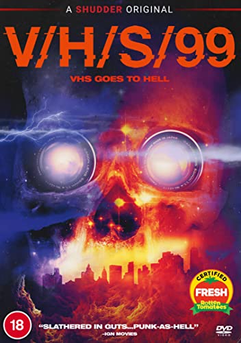 V/h/s/99 DVD cover: skull with VHS tapes for eyes, fiery background.