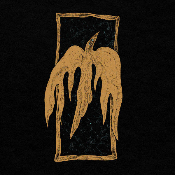 Stylized illustration of a golden bird-like figure on a dark background.