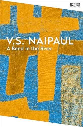 Book cover for "A Bend in the River" by V.S. Naipaul, abstract design.
