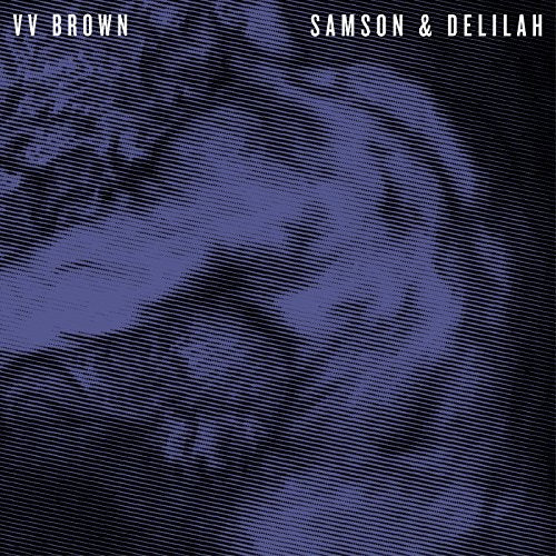 The image is a purple album cover with white text and diagonal lines. Alt text: Purple album cover with white text "V V Brown Samson & Delilah".