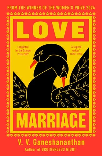 Book cover with two black swans on a yellow background, titled Love Marriage.