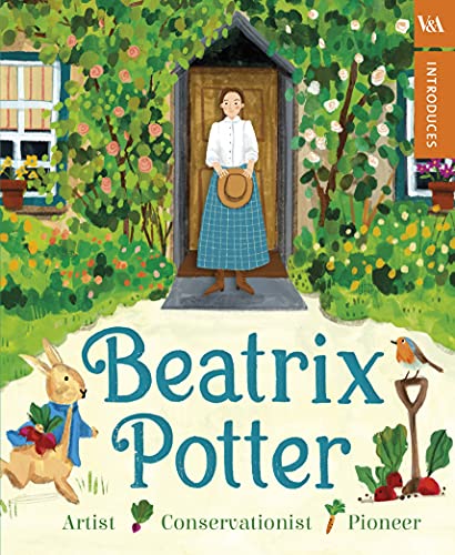 Illustration of Beatrix Potter standing in a doorway surrounded by a garden and rabbit.