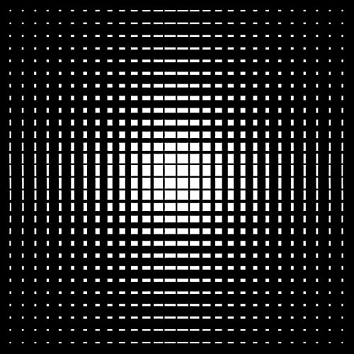 Black and white optical illusion with concentric squares and lines.