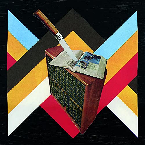 Vinyl record cover: book pierced by a knife on geometric background.