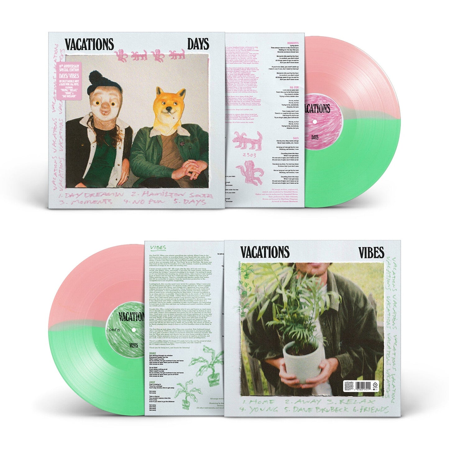 Vacations Days/Vibes vinyl record with split pink and green disc and illustrated sleeves.