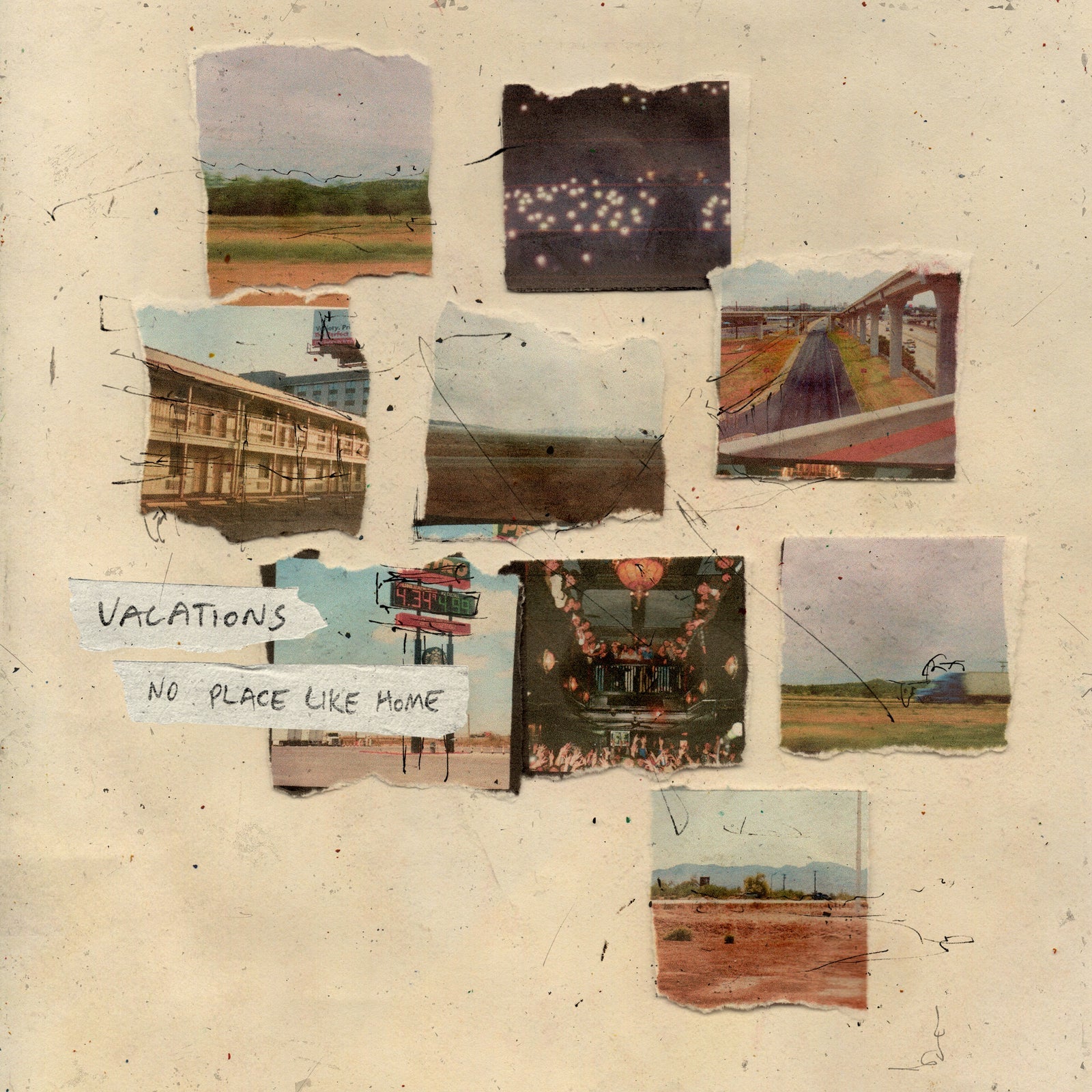 Collage of roadside scenes and handwritten text on a textured background.