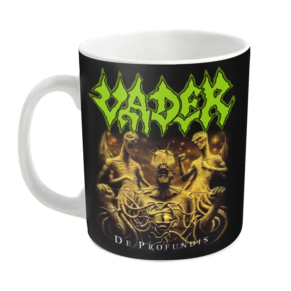 Black mug with green "VADER" logo and gothic, illustrated artwork.