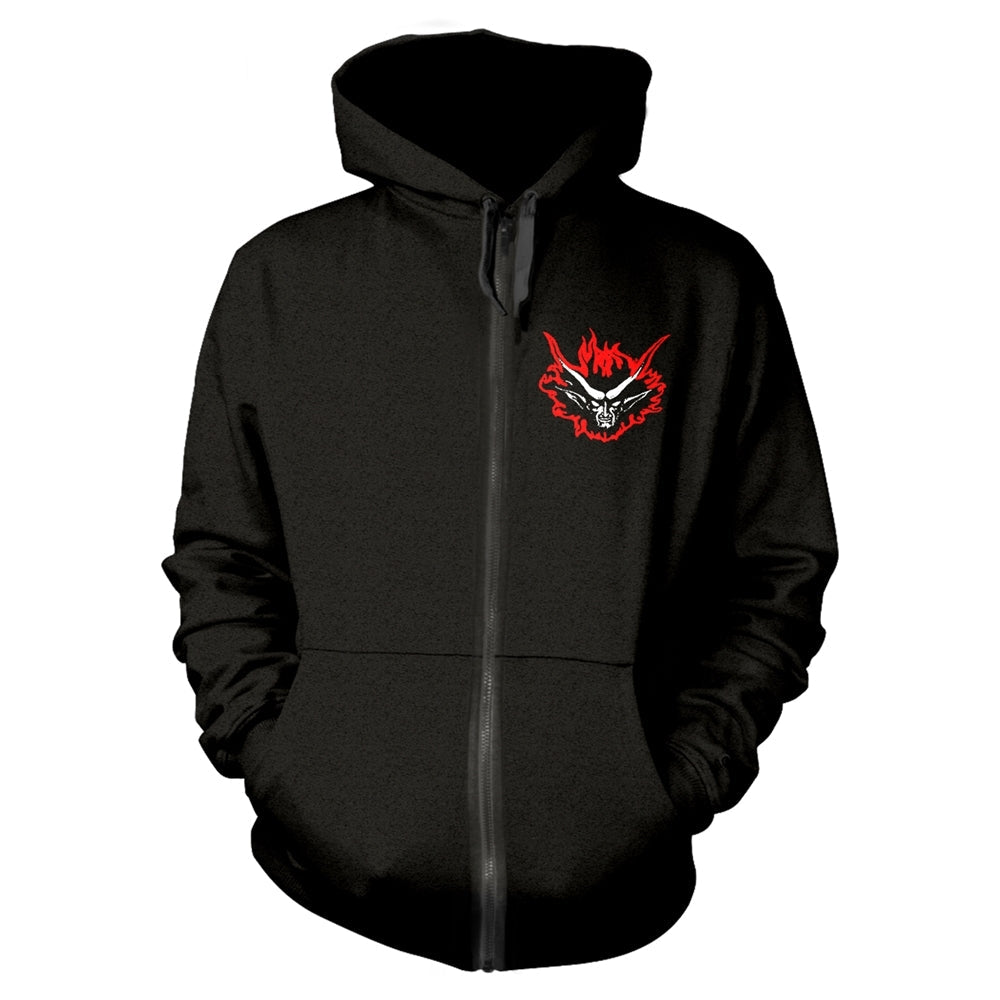 Black zip-up hoodie with a red and white demonic face design.
