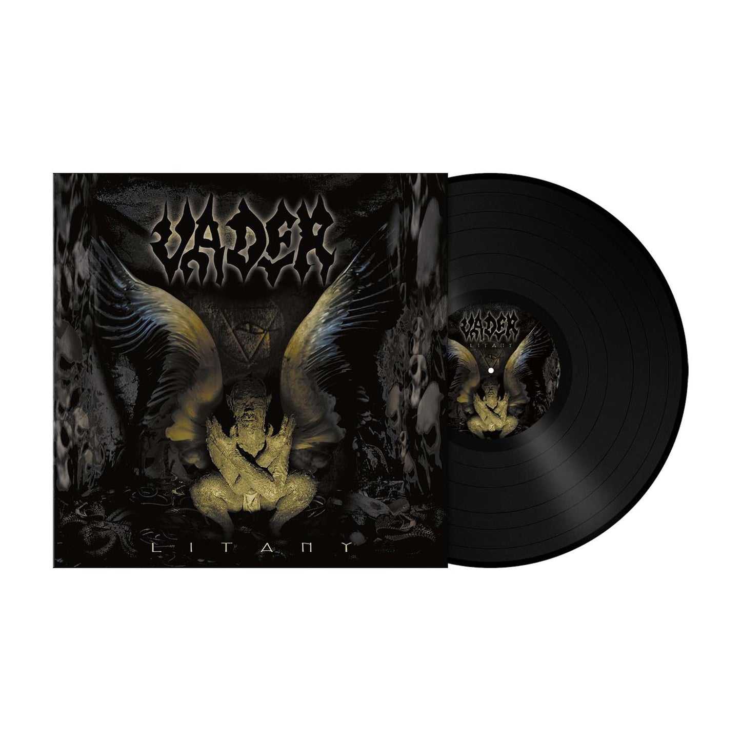 Vader "Litany" vinyl record with dark, gothic winged figure artwork.