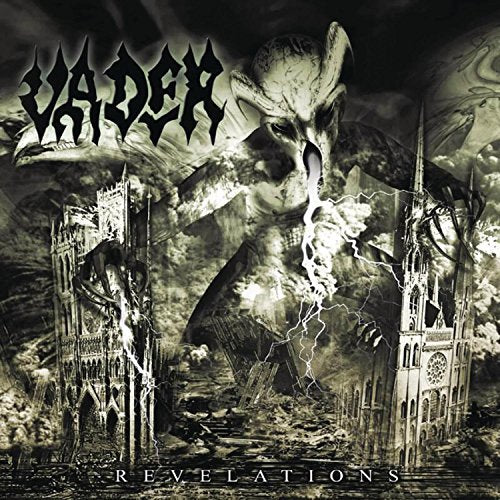 Dark album cover for Vader’s “Revelations” featuring a demonic face and ruined cathedrals.