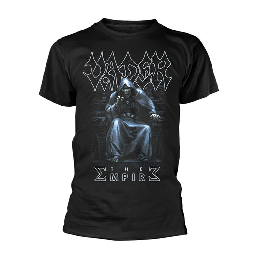 Black t-shirt with Darth Vader on a throne graphic, band logo above.