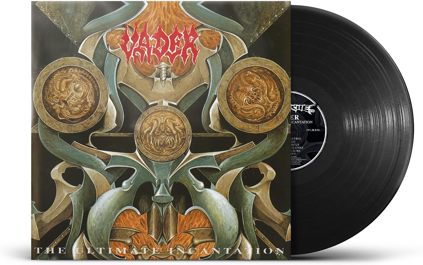 Vader album cover and black vinyl record with white label.