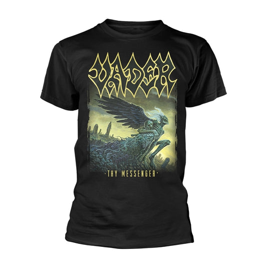 Black t-shirt with a winged figure and band logo graphic.