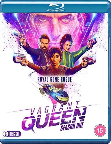 Blu-ray cover for "Vagrant Queen" Season 1 featuring three characters with guns.