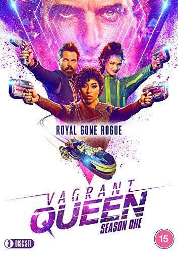 DVD cover for "Vagrant Queen: Season 1" featuring three characters and a spaceship.