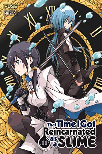Two anime characters with swords in front of a large clock face background.