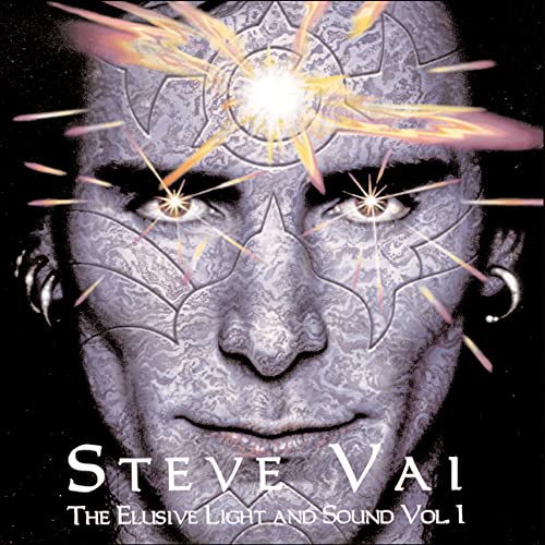 Steve Vai album cover featuring a textured face with glowing eyes and light rays.