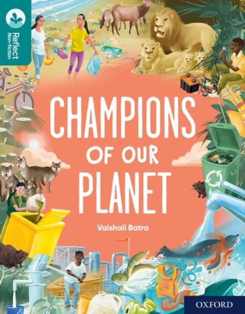 Book cover: children, animals, and environmental themes with text “Champions of Our Planet.”