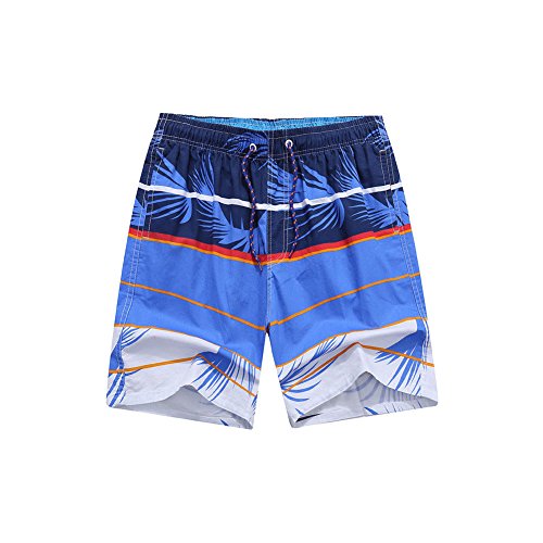 Blue men's swim trunks with a palm leaf print, drawstring waist, and horizontal stripes.