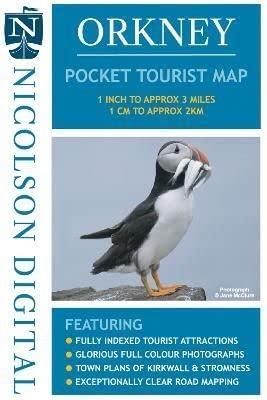 Nicolson Orkney pocket tourist map cover featuring a puffin holding fish in its beak.