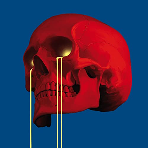 Red skull with golden lines against a dark blue background.