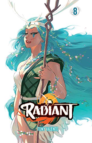Radiant Vol. 8 cover: woman with blue hair and staff, floral background.