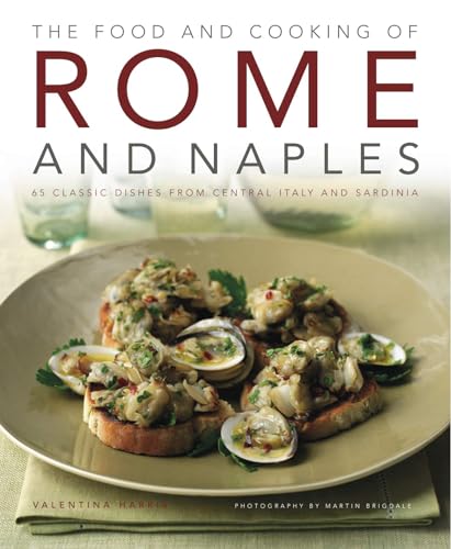 Cookbook cover featuring bruschetta with clams, titled “Food and Cooking of Rome and Naples.”