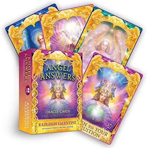 Angel Answers Oracle Cards box set and several cards featuring angelic illustrations.