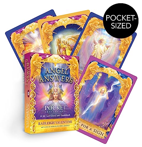 Angel Answers oracle card deck box and several cards with angelic, colorful artwork.