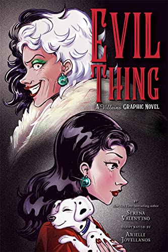 Cruella De Vil and a young woman with a dalmatian puppy on cover.