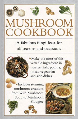 Cookbook cover featuring mushrooms, herbs, and prepared dishes with a red pot.