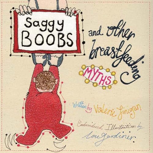 Embroidered book cover with red figure holding a sign reading "Saggy Boobs.