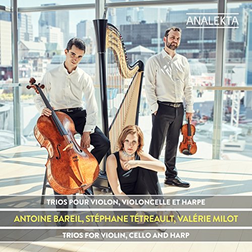 Musicians with violin, cello, and harp in a bright, modern space.