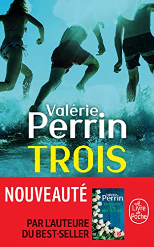 Book cover, "Trois" by Valérie Perrin, showing runners and ocean waves.