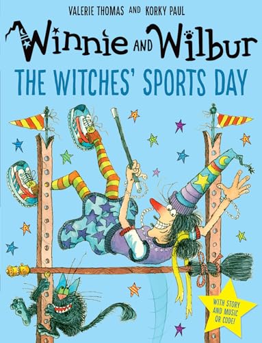 Winnie the witch jumps over a high jump bar with Wilbur the black cat.