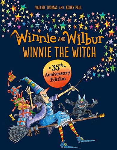 Winnie the Witch flies on a broom with Wilbur the cat, 35th anniversary edition.