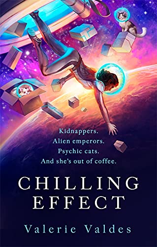 Sci-fi book cover: woman in spacesuit falling amidst cats and boxes.