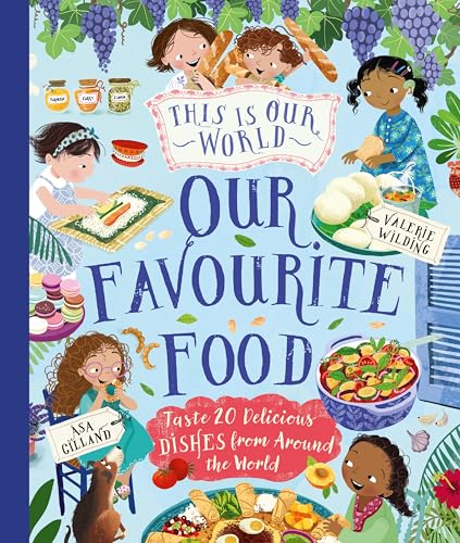 Illustrated book cover showing diverse children preparing and eating various global foods.
