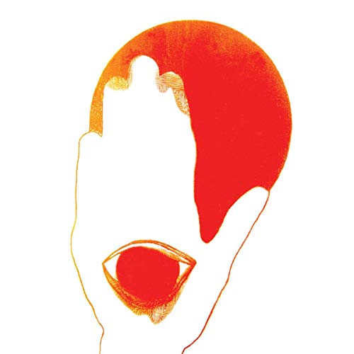 Red and white abstract image of a face with a single eye.