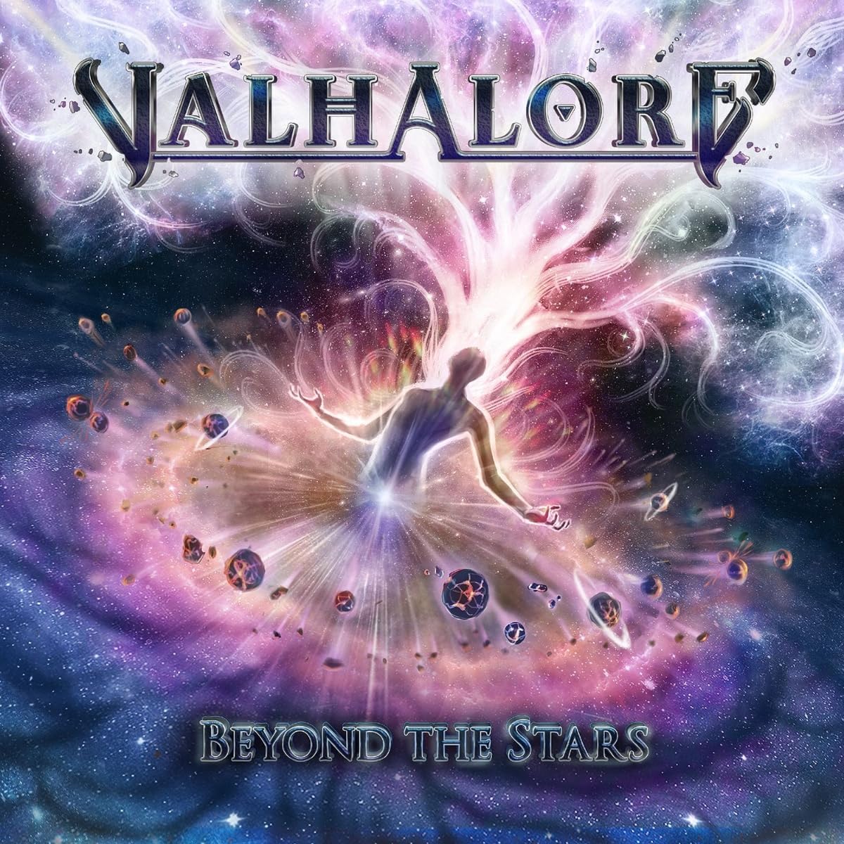 CD cover for Valhalore’s “Beyond The Stars,” featuring a cosmic figure.