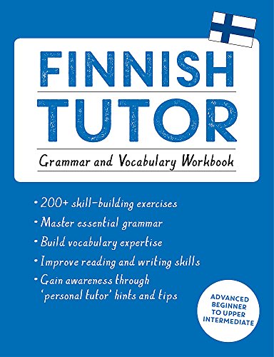 Blue cover of "Finnish Tutor" workbook with Finnish flag in the corner.