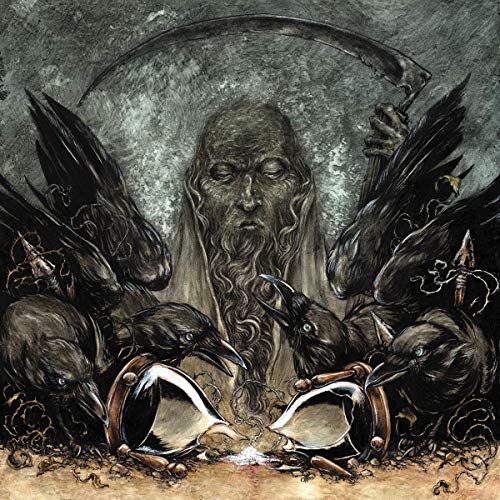 Dark illustration of a bearded man surrounded by ravens and broken armor.