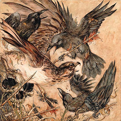 "Album cover art featuring a chaotic scene of birds attacking a skull."