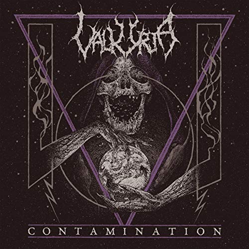 Dark album cover featuring a skeletal figure holding a glowing Earth.